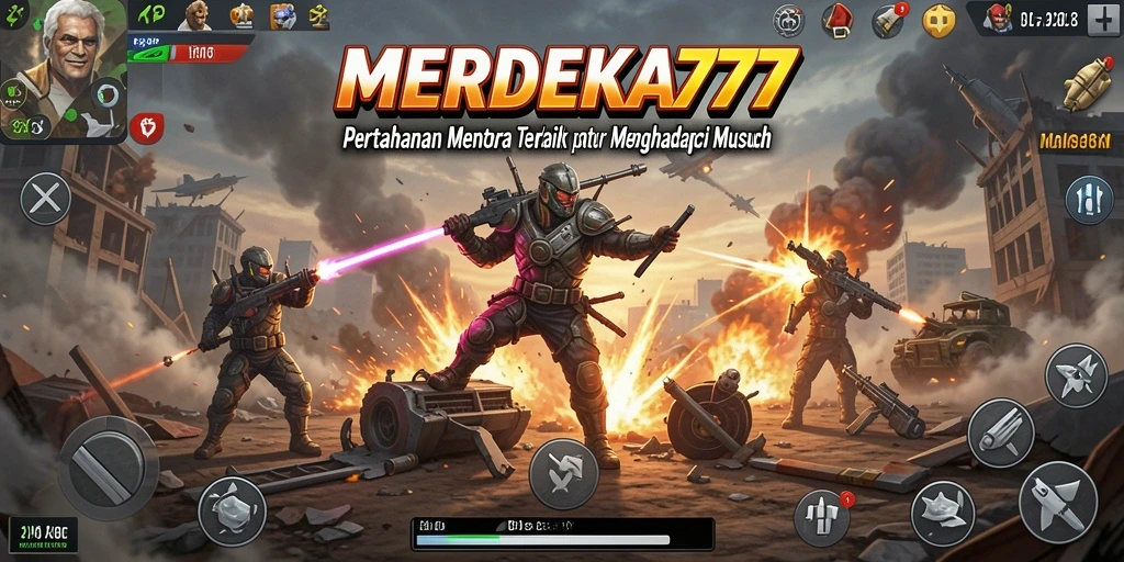 Tampilan gameplay <strong>MERDEKA777</strong> yang menegangkan dengan berbagai menara dan musuh.