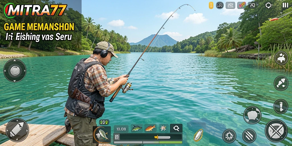 Screenshot gameplay MITRA77 menampilkan aksi memancing seru.