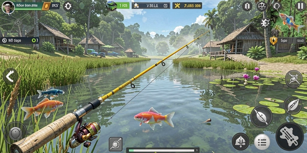 Screenshot gameplay RK55 menampilkan serunya momen menangkap ikan.